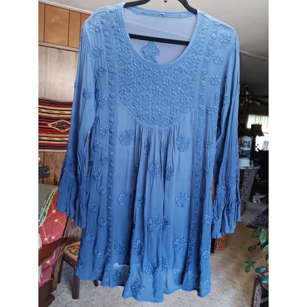 Hippie Boho Festival Sheer Embroidery Long Oversize Babydoll Blouse Size L